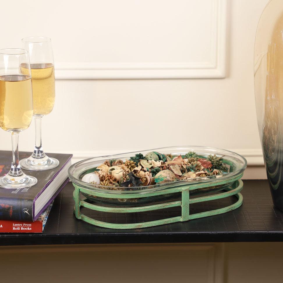 Glass Hammered Decorative Platter with Metal Stand - Curiocart