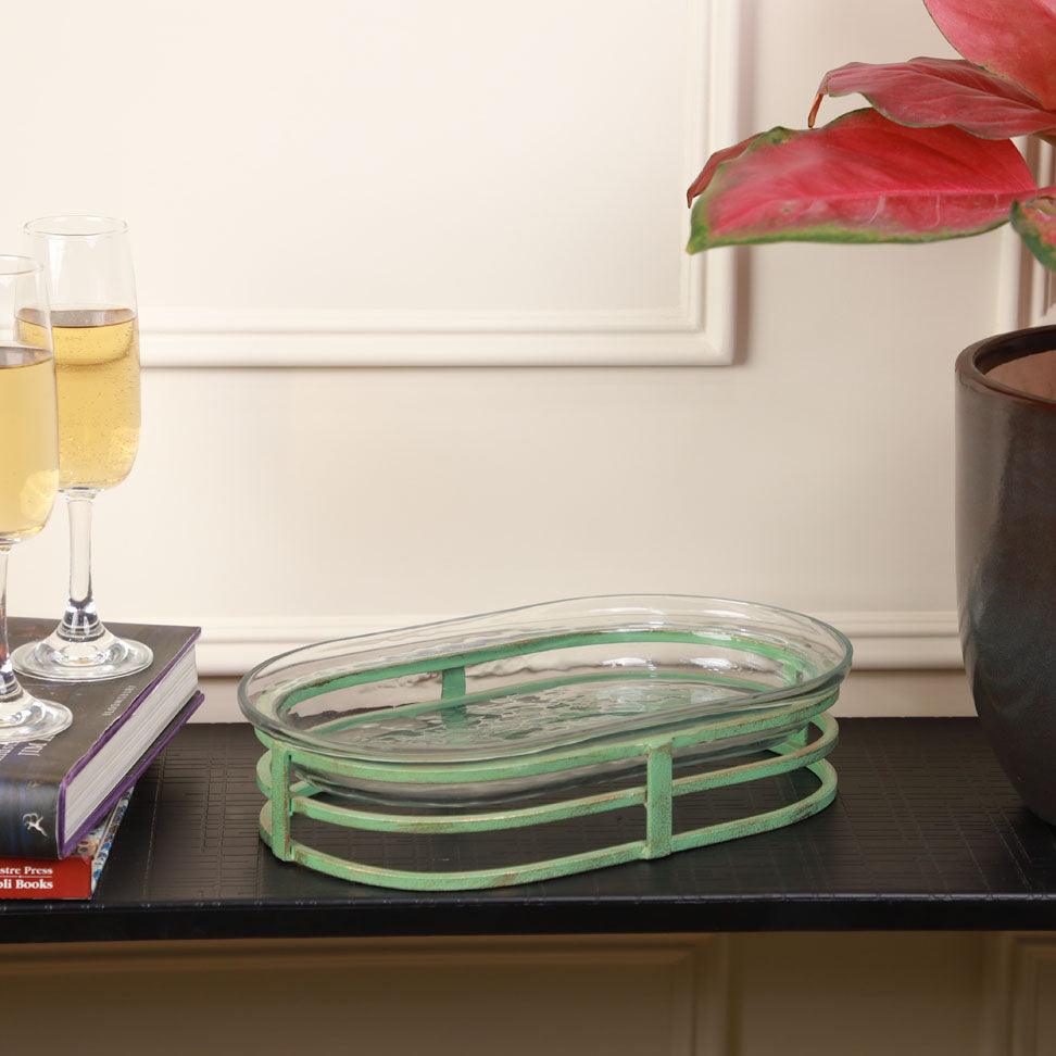 Glass Hammered Decorative Platter with Metal Stand - Curiocart
