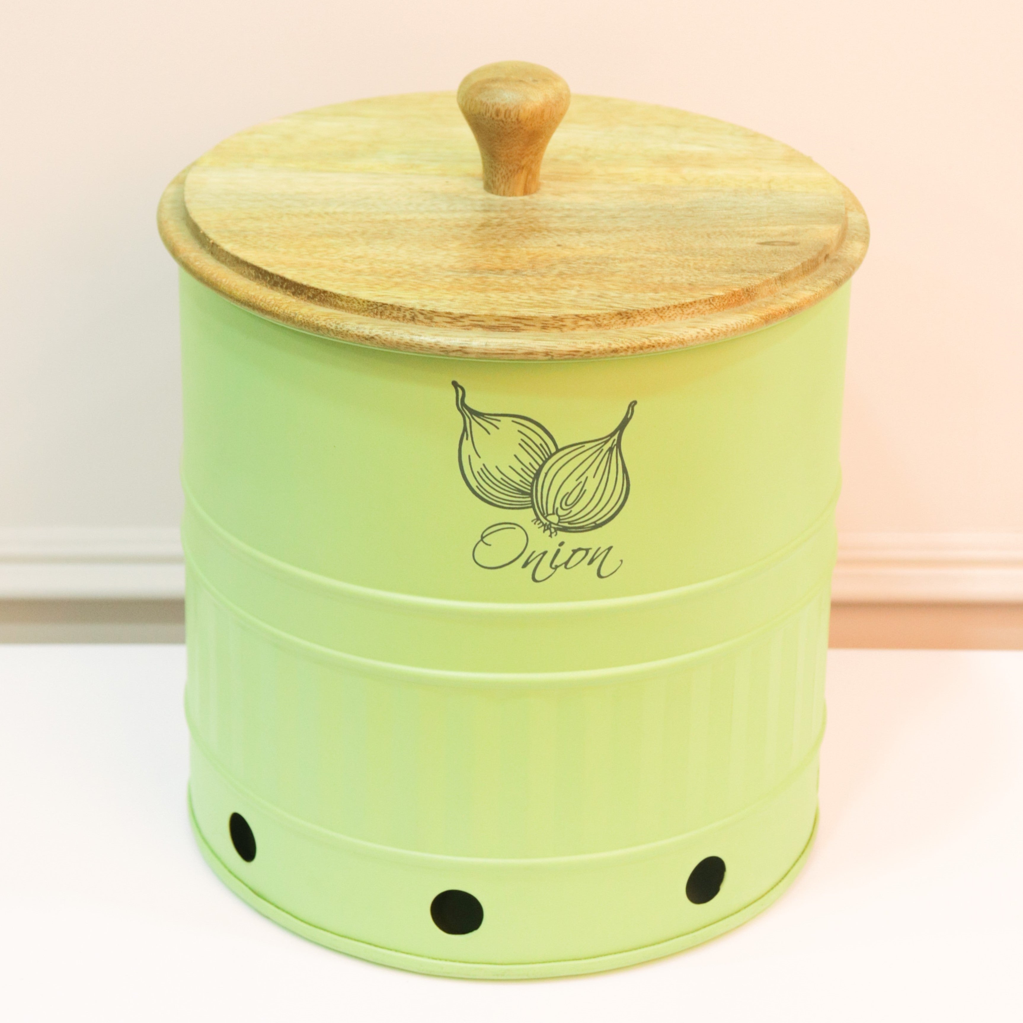 Metal Onion Storage Canister with Wooden Lid - Curiocart