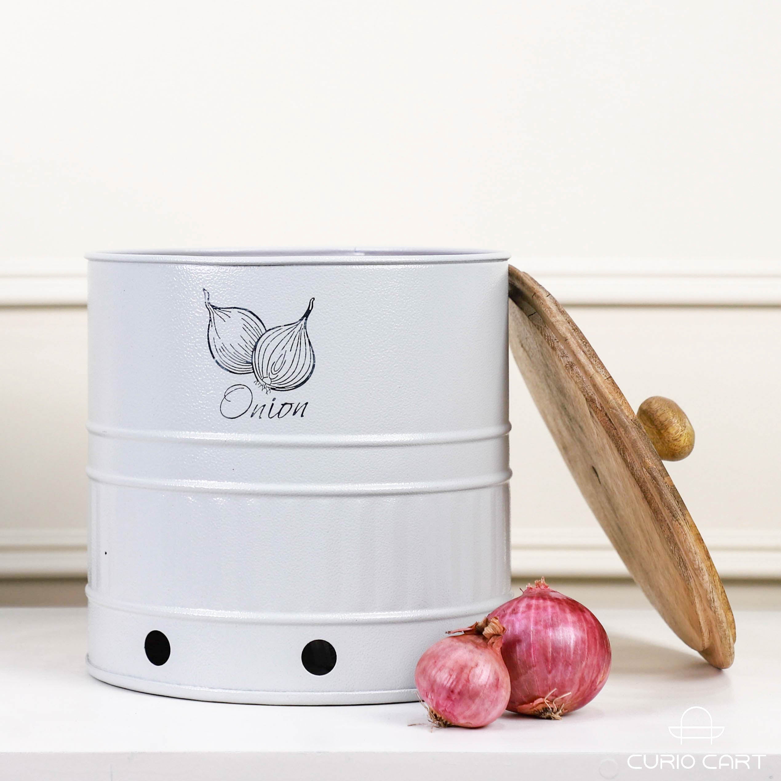 Metal Onion Storage Canister with Wooden Lid - Curiocart