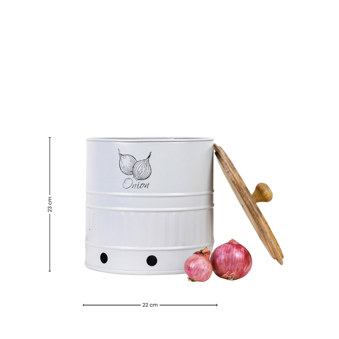 Metal Onion Storage Canister with Wooden Lid - Curiocart