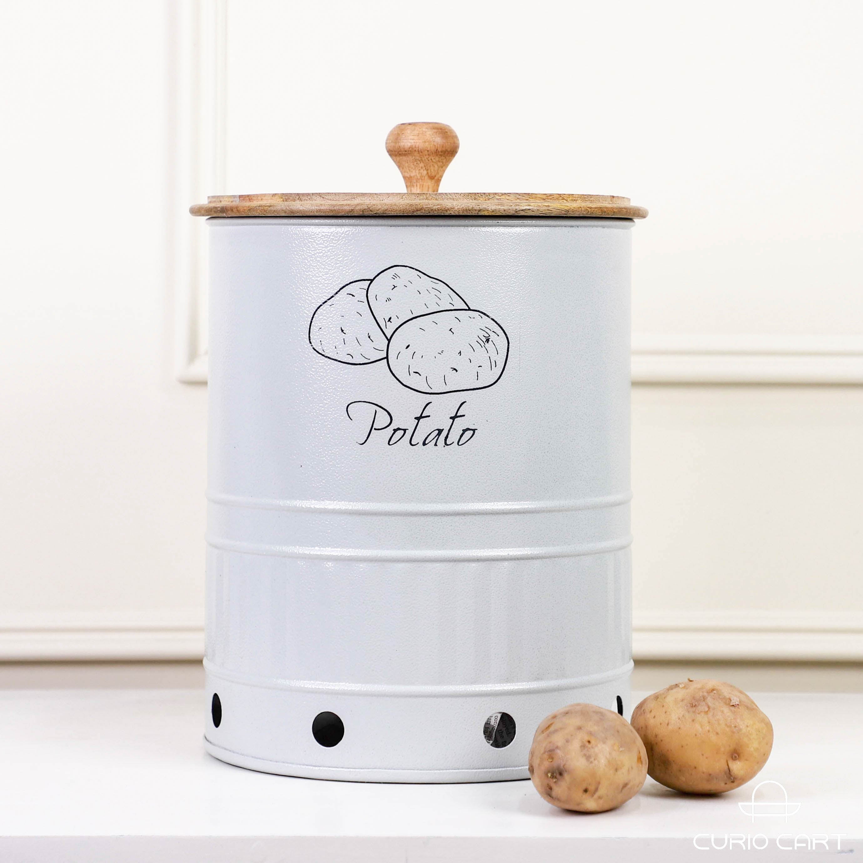 Metal Potato Storage Canister with Wooden Lid - Curiocart