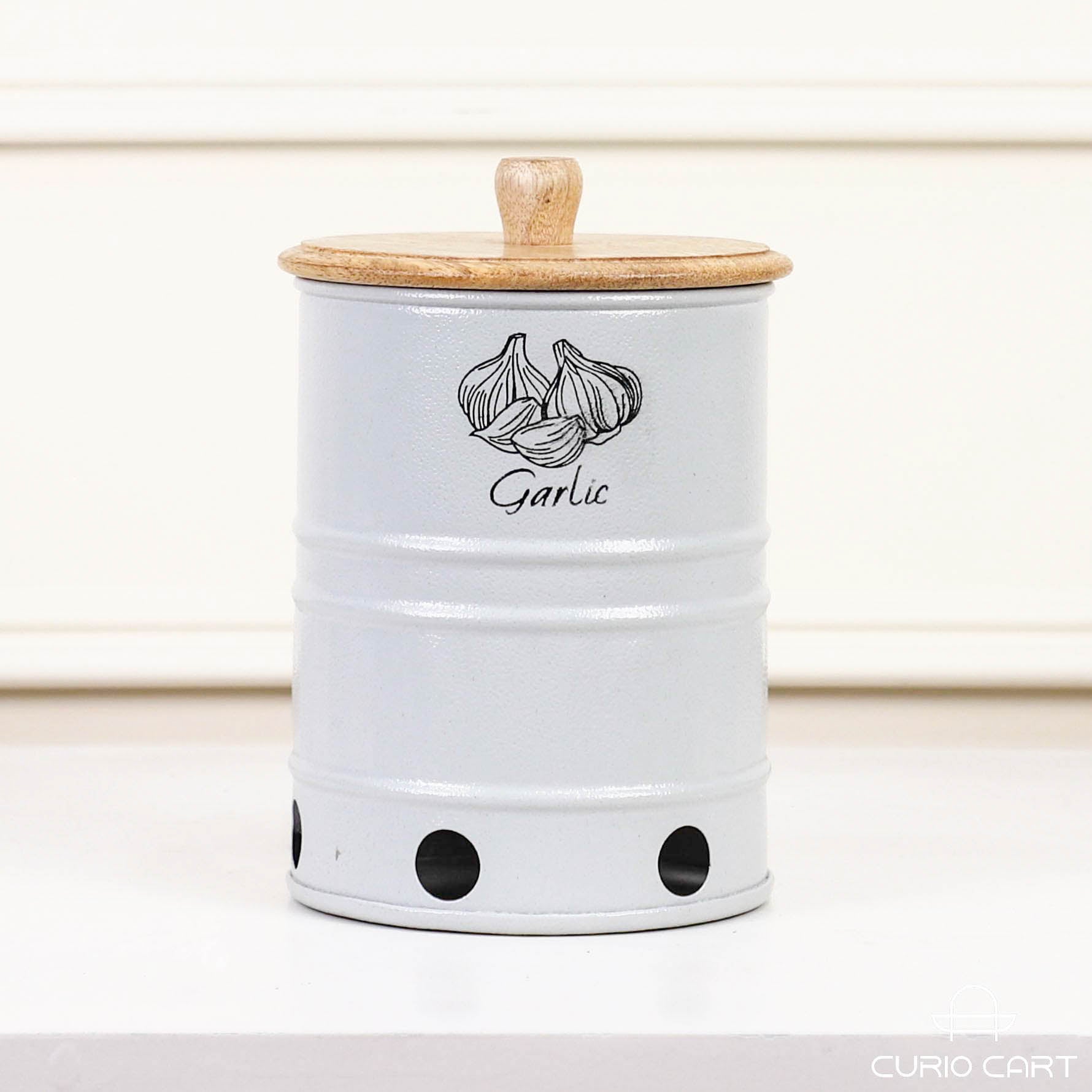 Metal Garlic Storage Canister with Wooden Lid - Curiocart