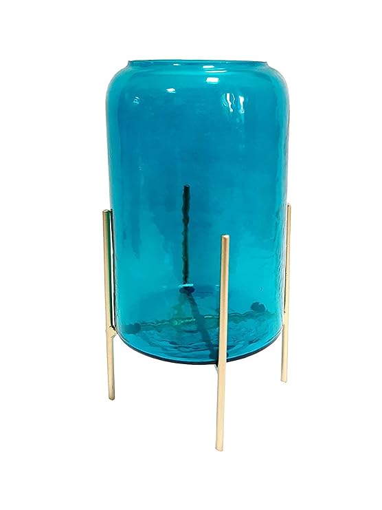 Hammered Teal Lustre Glass Cylinder Vase with Stand - Curiocart