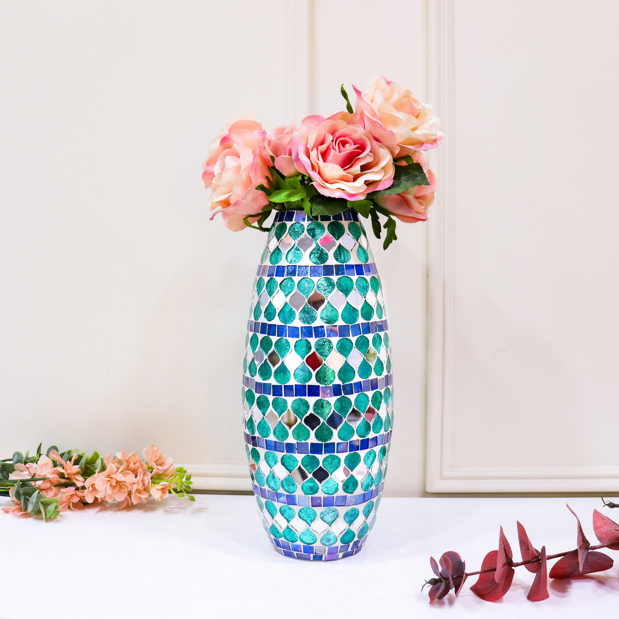 Glass & Teal Mosaic Flower Vase - Curiocart