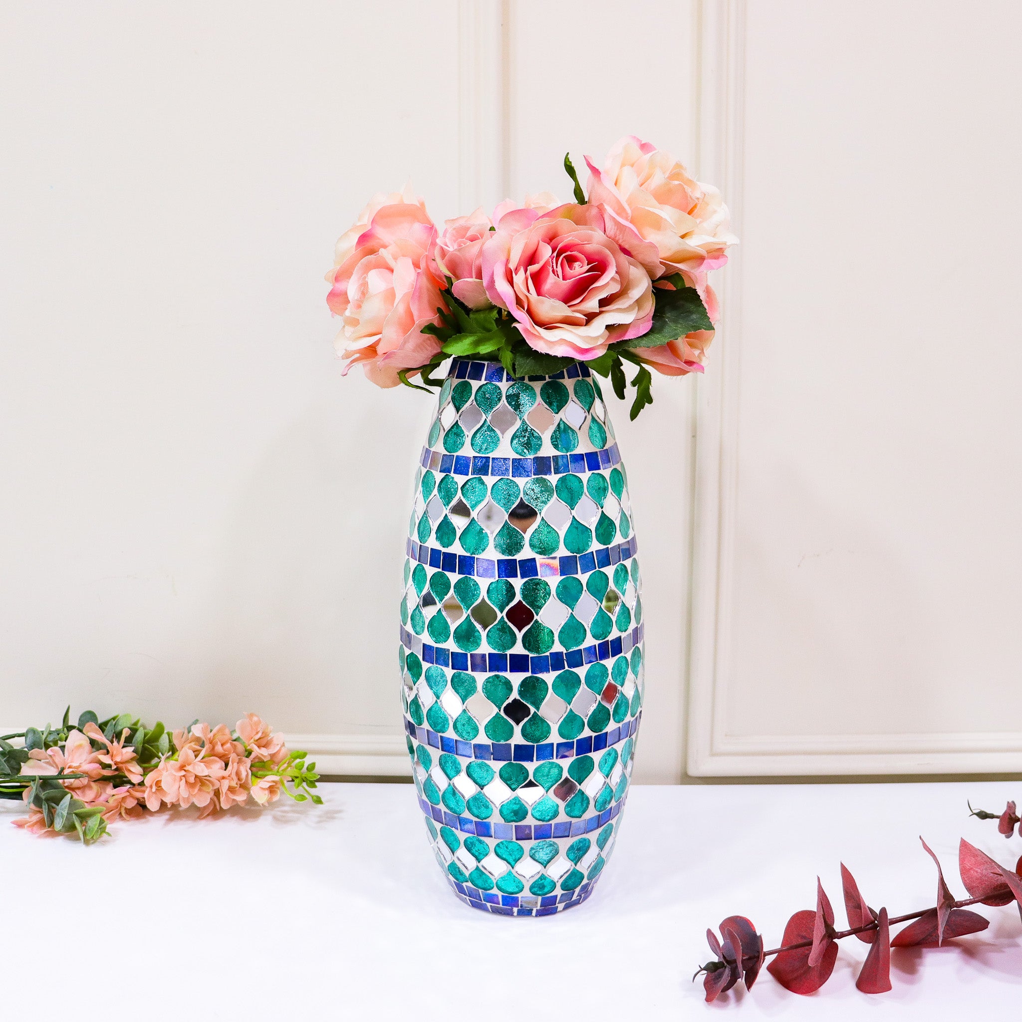 Glass & Teal Mosaic Flower Vase - Curiocart