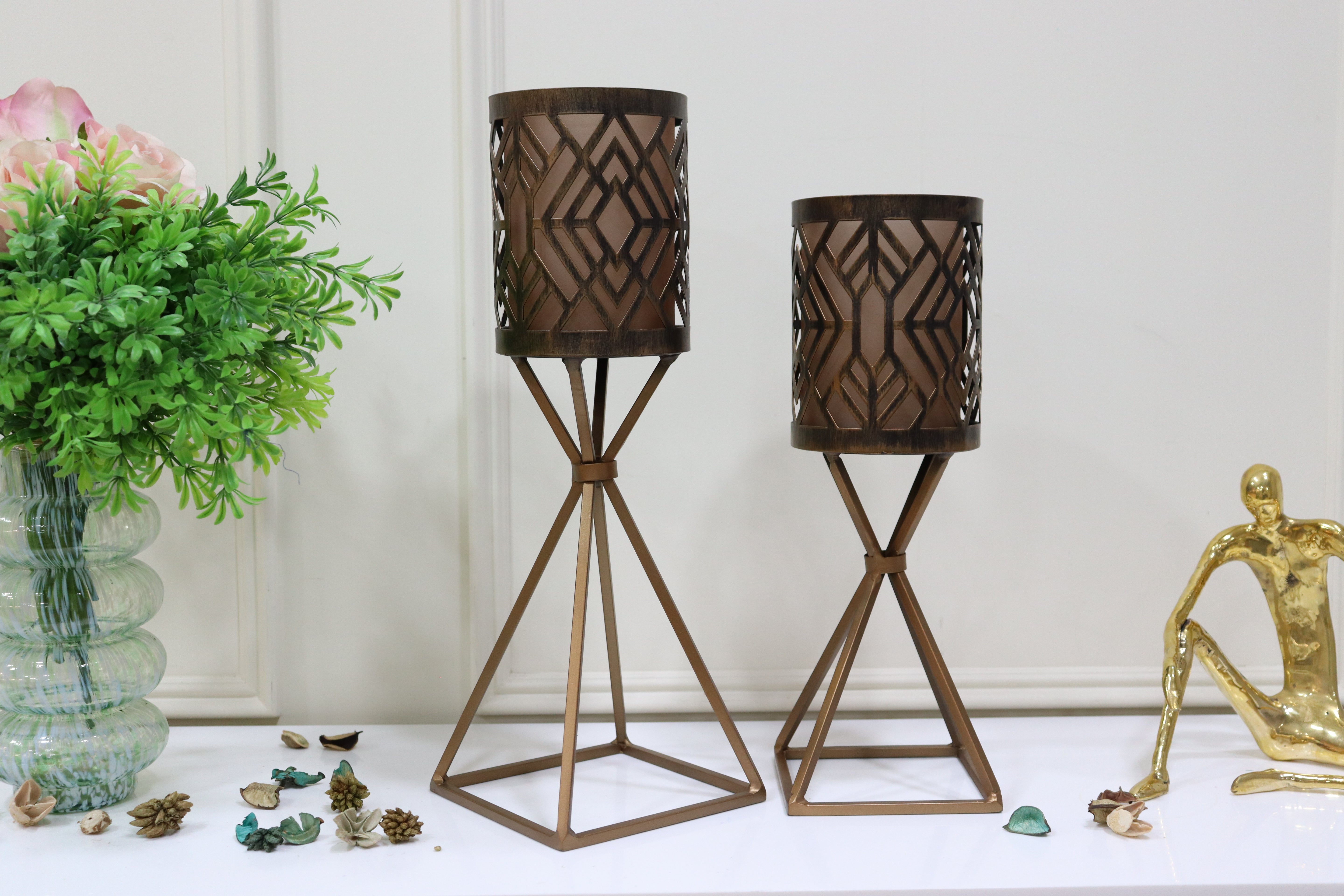 Geometric Pattern set of 2candle holders with brown frosted glass
