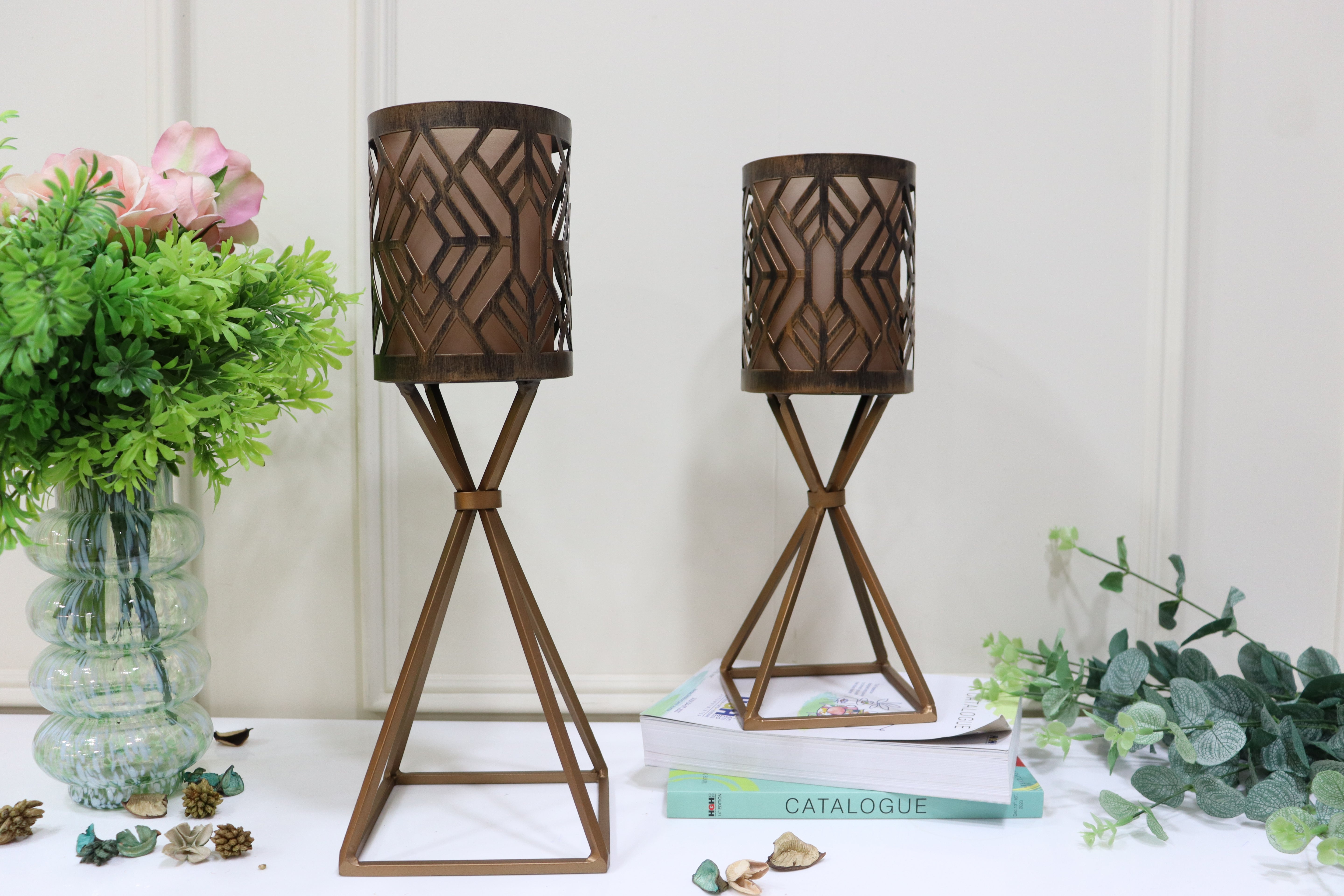 Geometric Pattern set of 2candle holders with brown frosted glass
