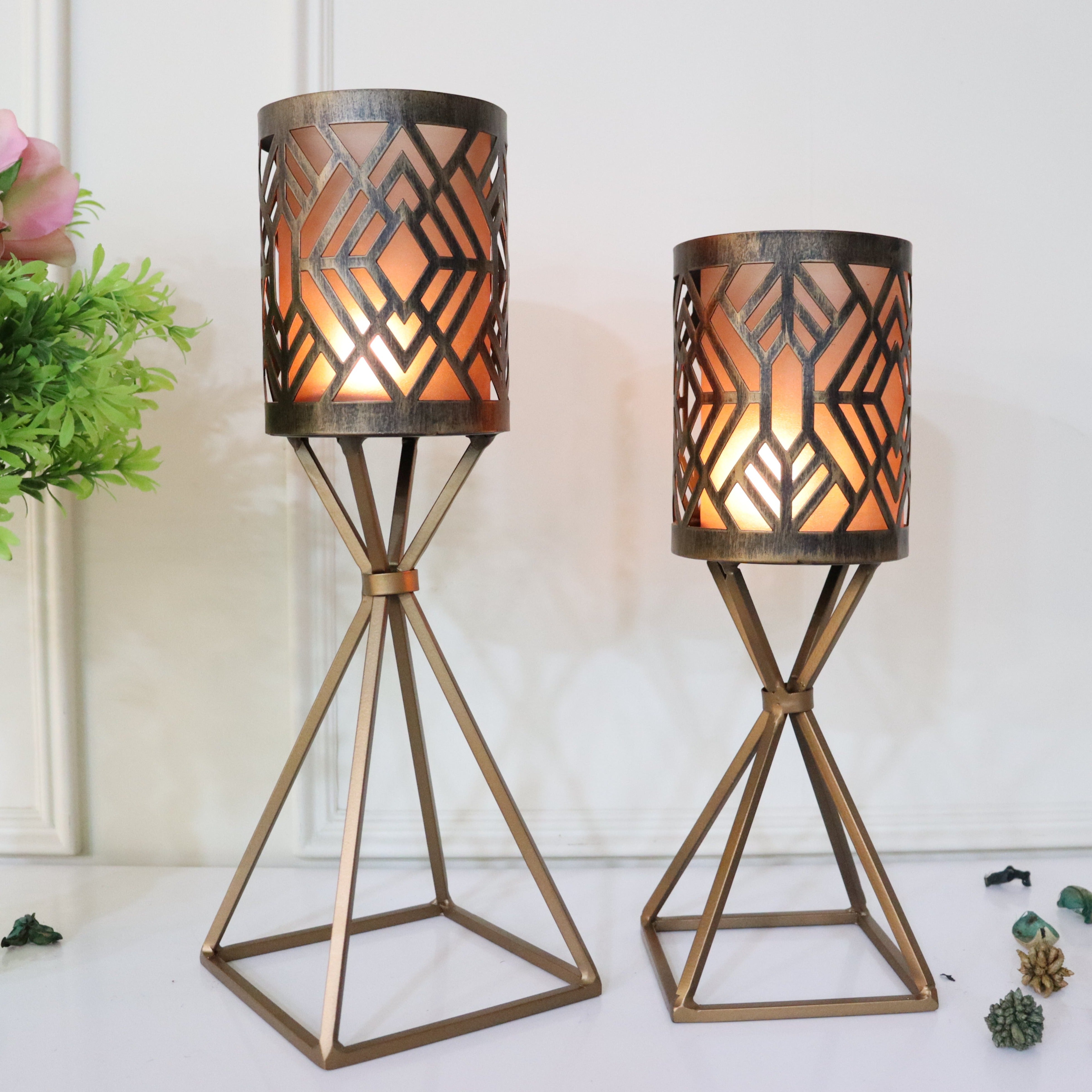 Geometric Pattern set of 2candle holders with brown frosted glass