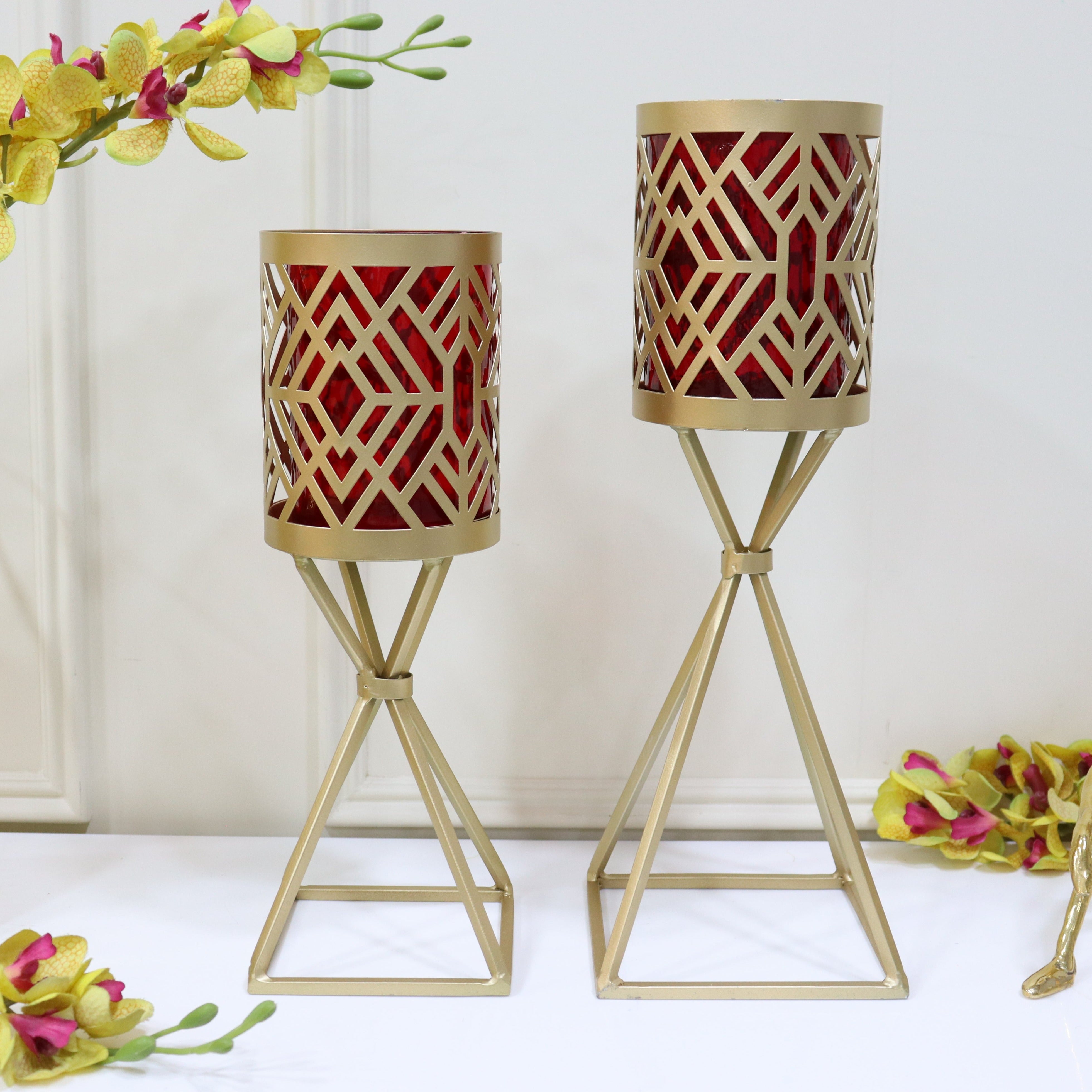 Geometric pattern set of 2 candle holders with red glass