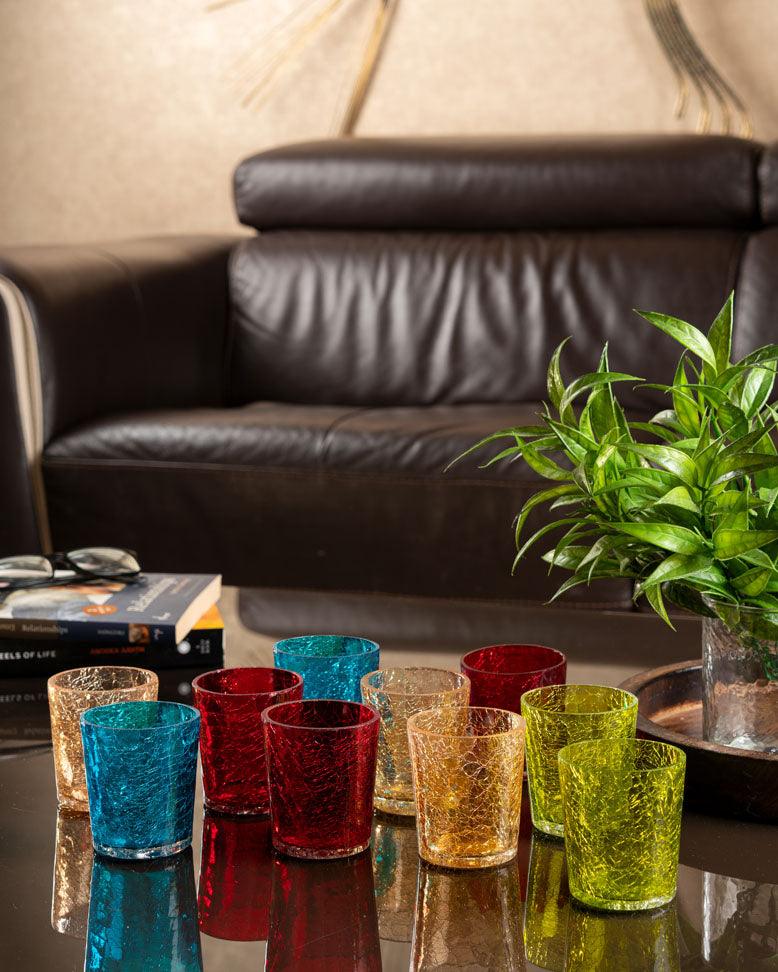 Glass Crackle Tea Light Holders -- Set of 10 Pcs - Multicolour - Curiocart