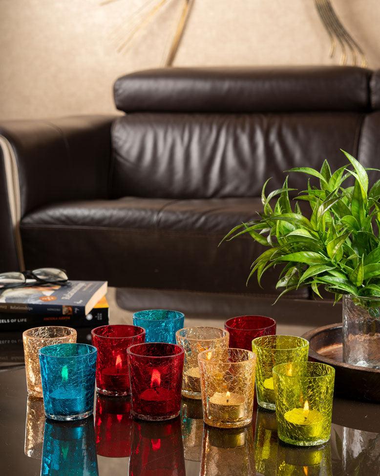 Glass Crackle Tea Light Holders -- Set of 10 Pcs - Multicolour - Curiocart