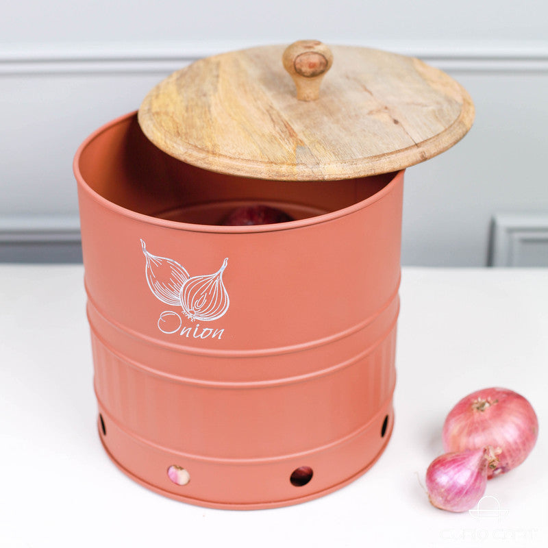 Metal Onion Storage Canister with Wooden Lid - Curiocart