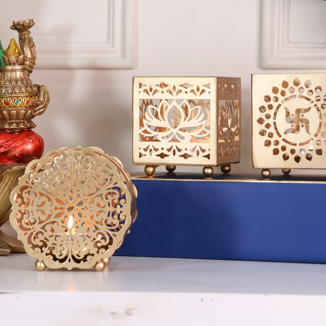 Metal Glass Diwali Votives  - Set of 3