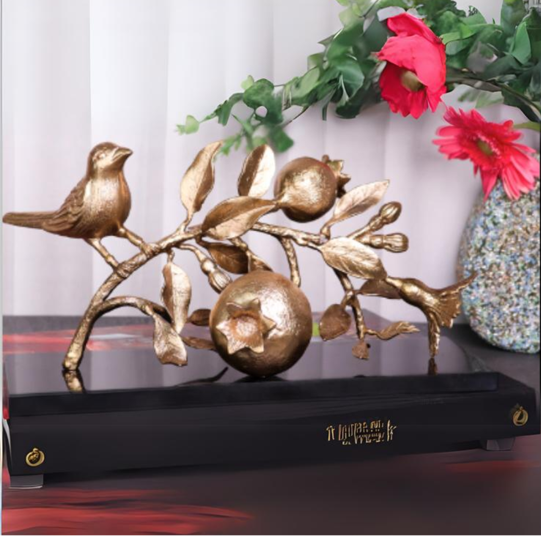 Brass Bird on Pomegranate Branch Decor