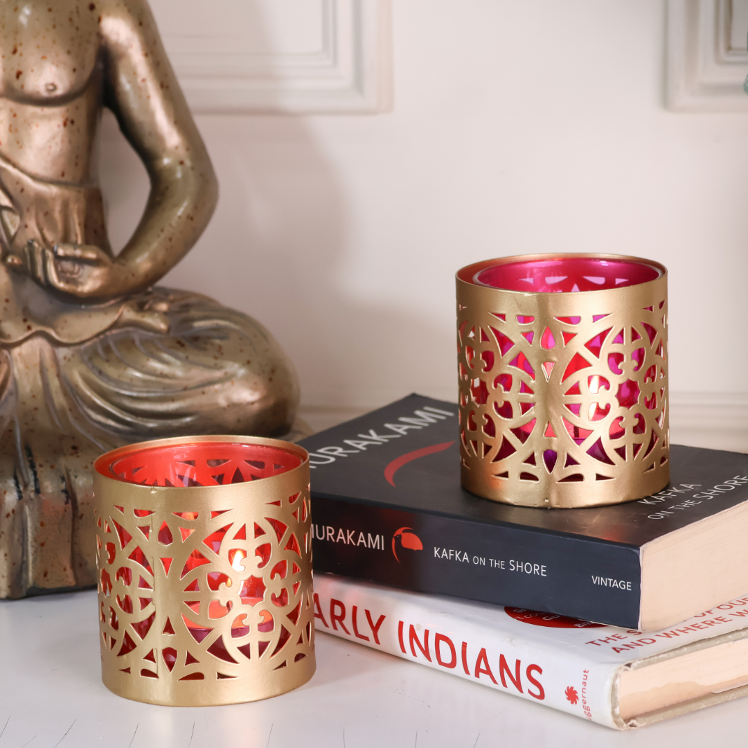 Metal Glass Diwali Votives  - Set of 2