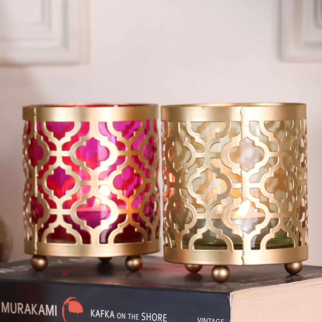 Metal Glass Diwali Votives  - Set of 2