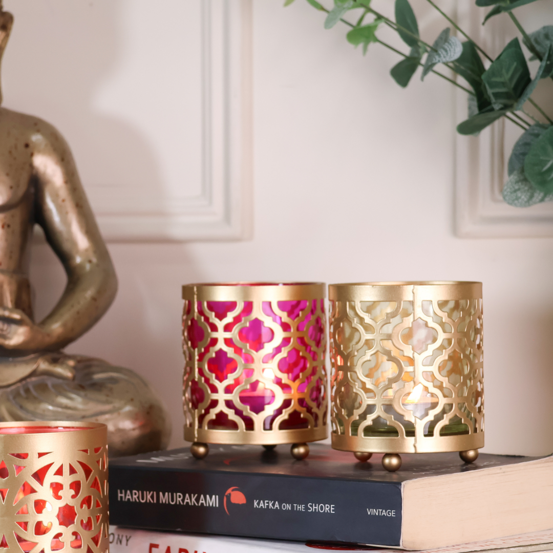 Metal Glass Diwali Votives  - Set of 2