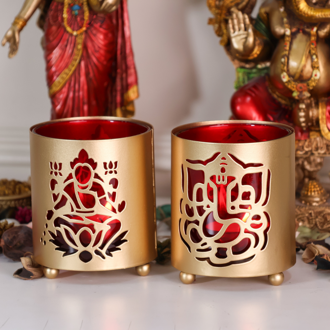 Metal & Glass Ganesha & Lakshmi Candle Stands - Set of 2