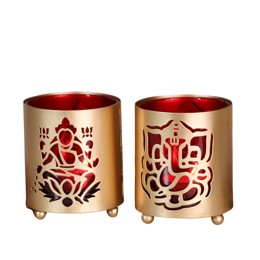 Metal & Glass Ganesha & Lakshmi Candle Stands - Set of 2