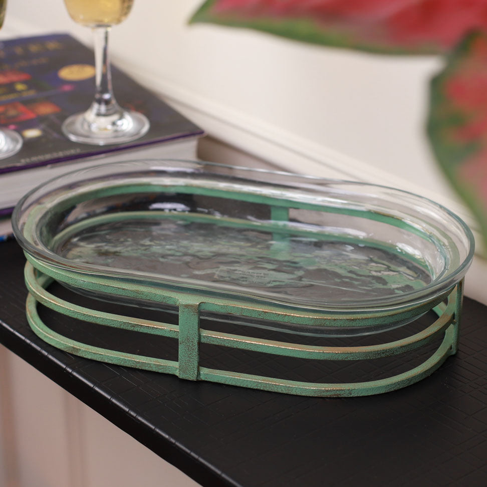 Glass Hammered Decorative Platter with Metal Stand