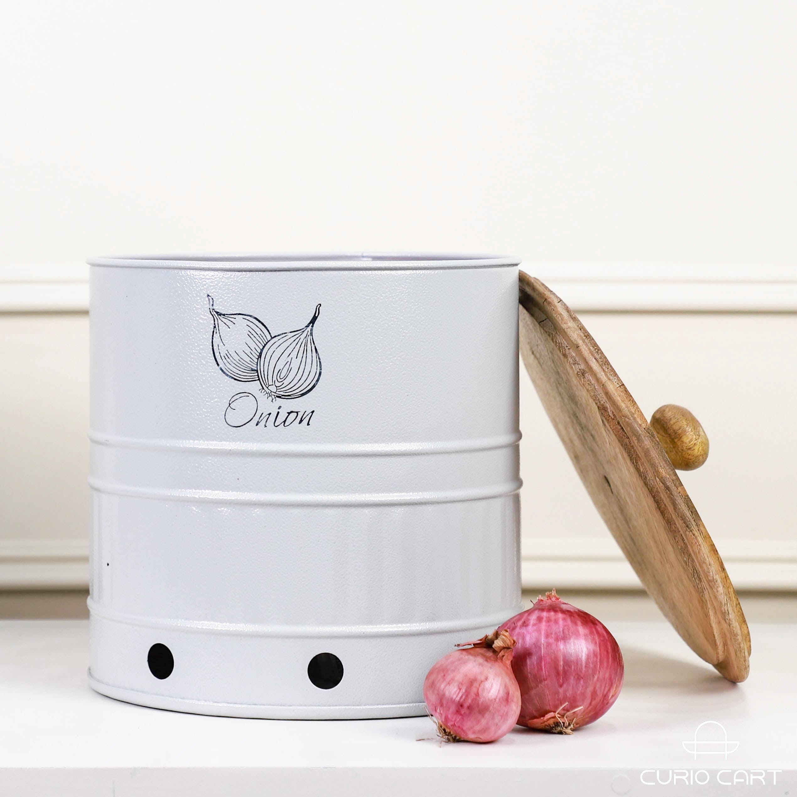 Metal Onion Storage Canister with Wooden Lid