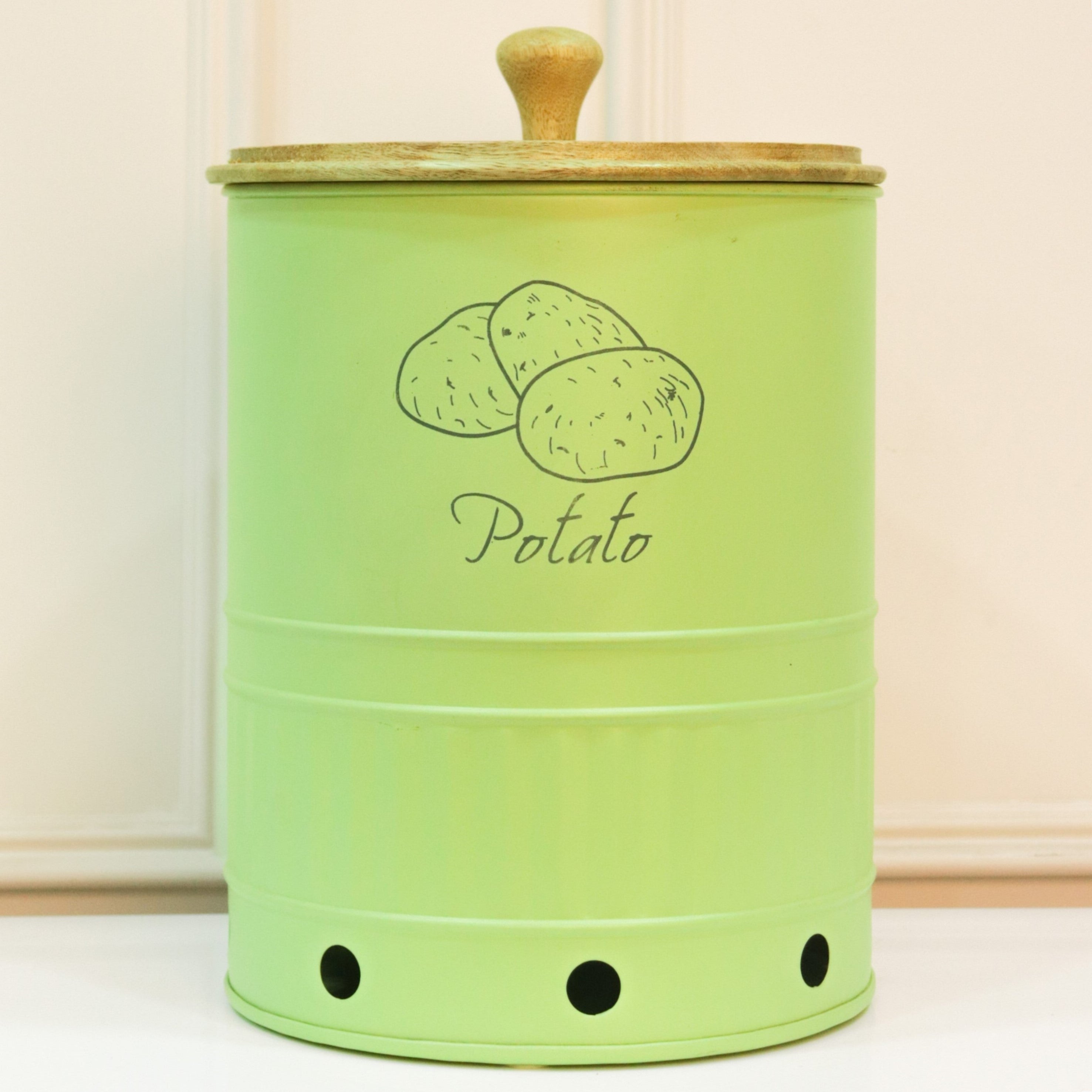 Metal Potato Storage Canister with Wooden Lid