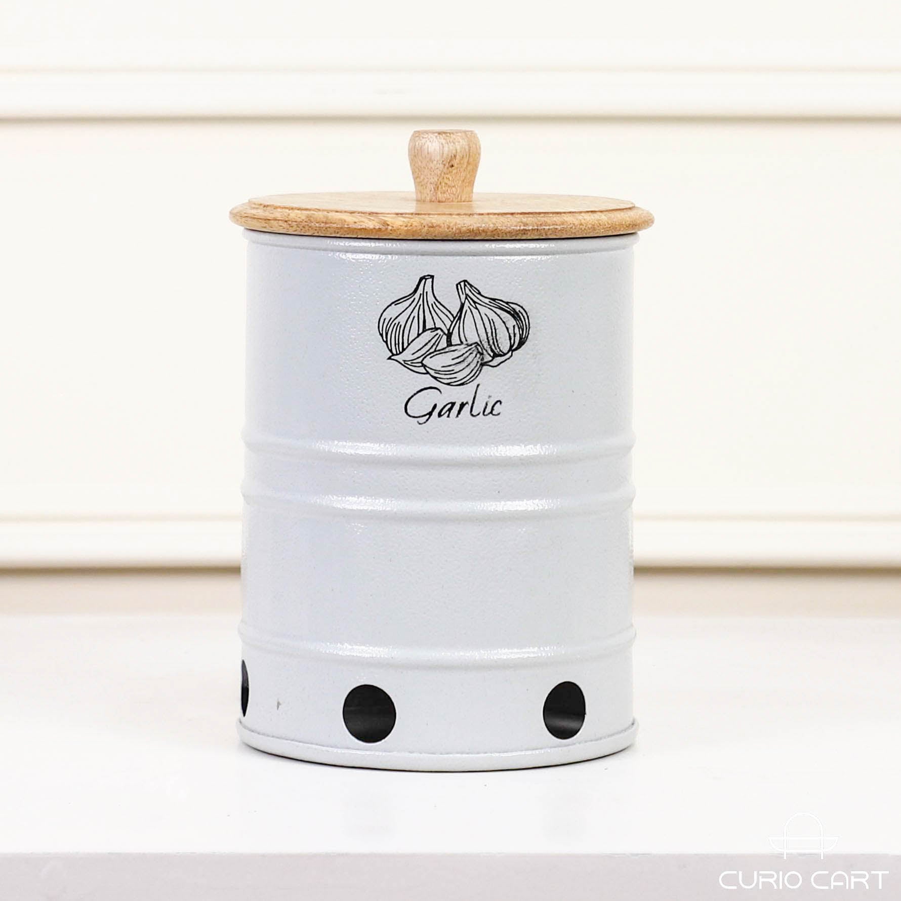 Metal Garlic Storage Canister with Wooden Lid