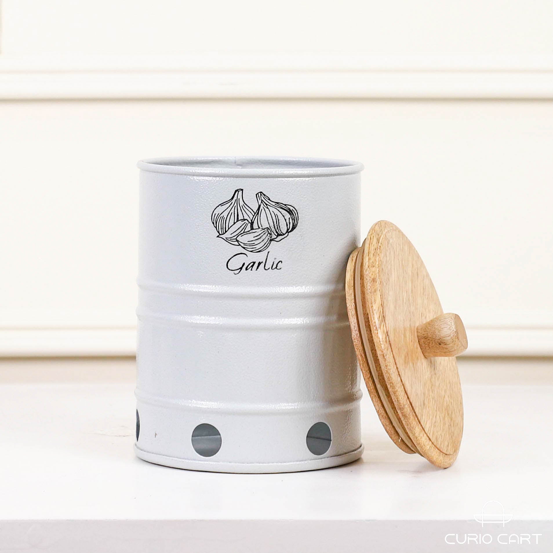 Metal Garlic Storage Canister with Wooden Lid