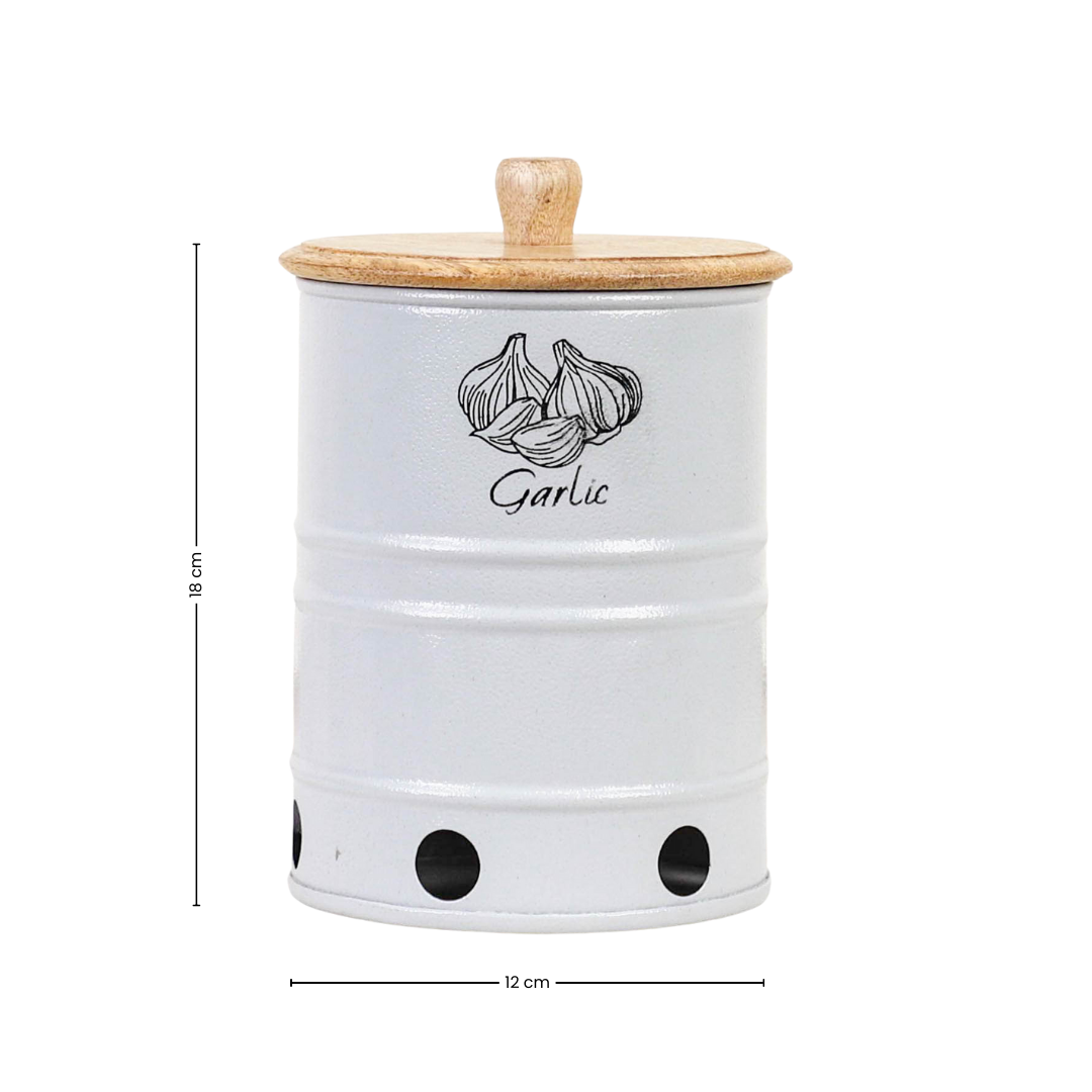 Metal Garlic Storage Canister with Wooden Lid