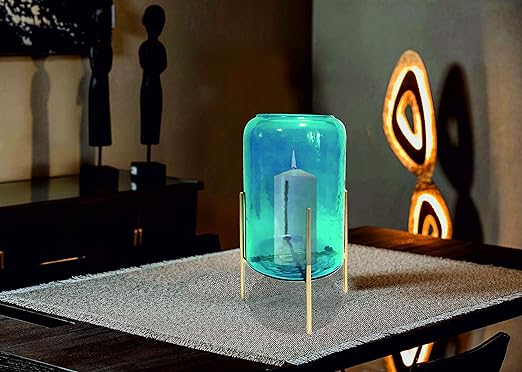 Hammered Teal Lustre Glass Cylinder Vase with Stand