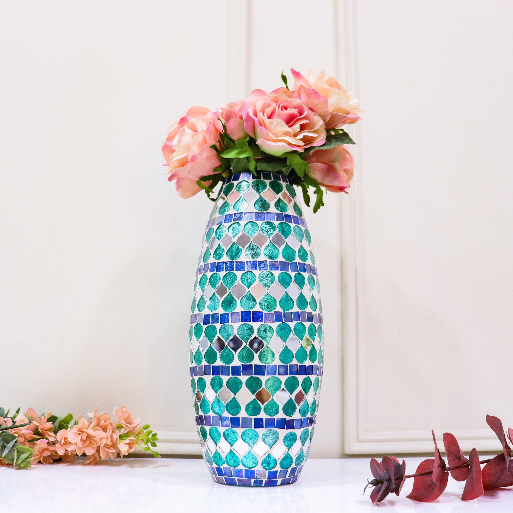 Glass & Teal Mosaic Flower Vase