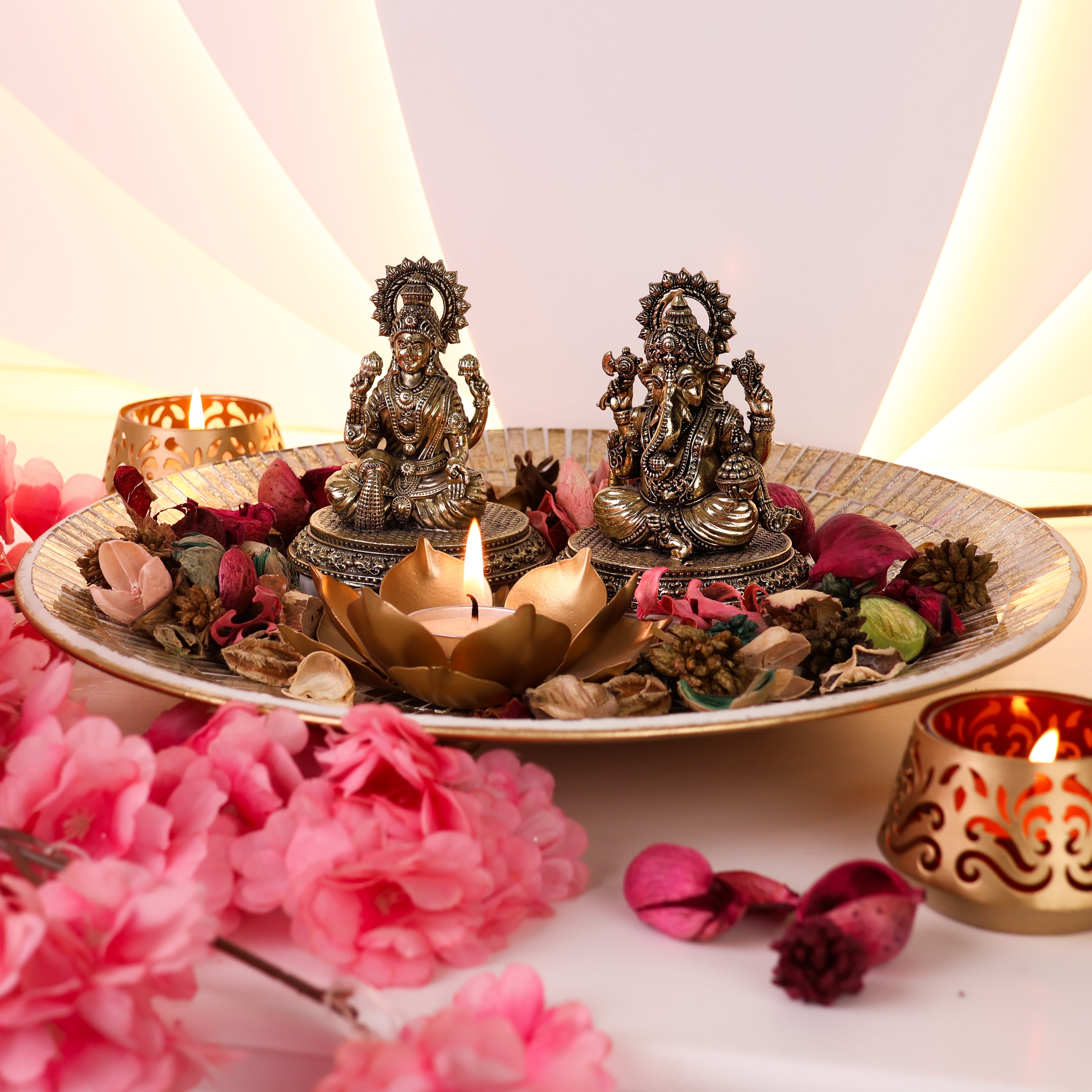 Metal Diyas with Brass Lakshmi Ganesha Set