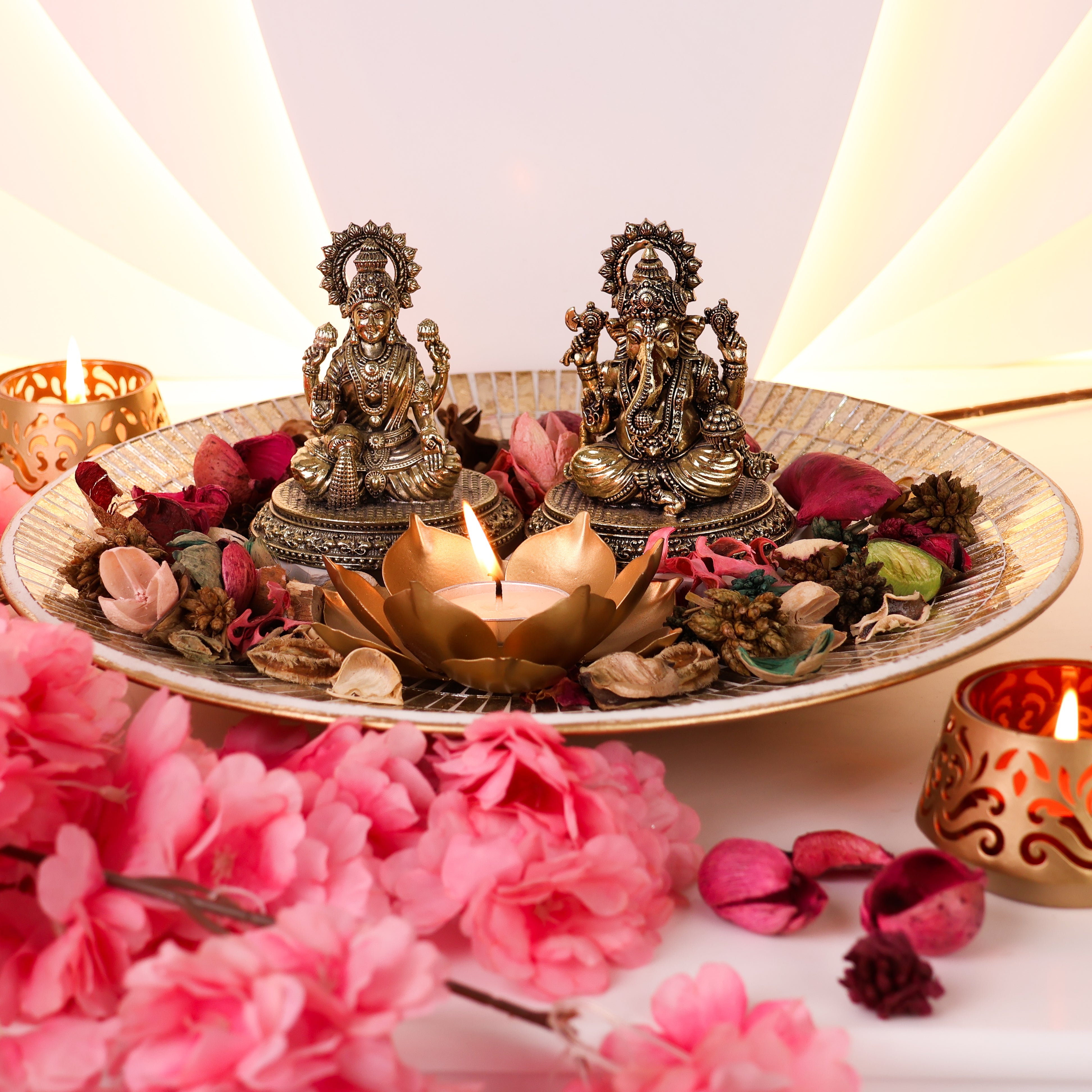 Metal Diyas with Brass Lakshmi Ganesha Set