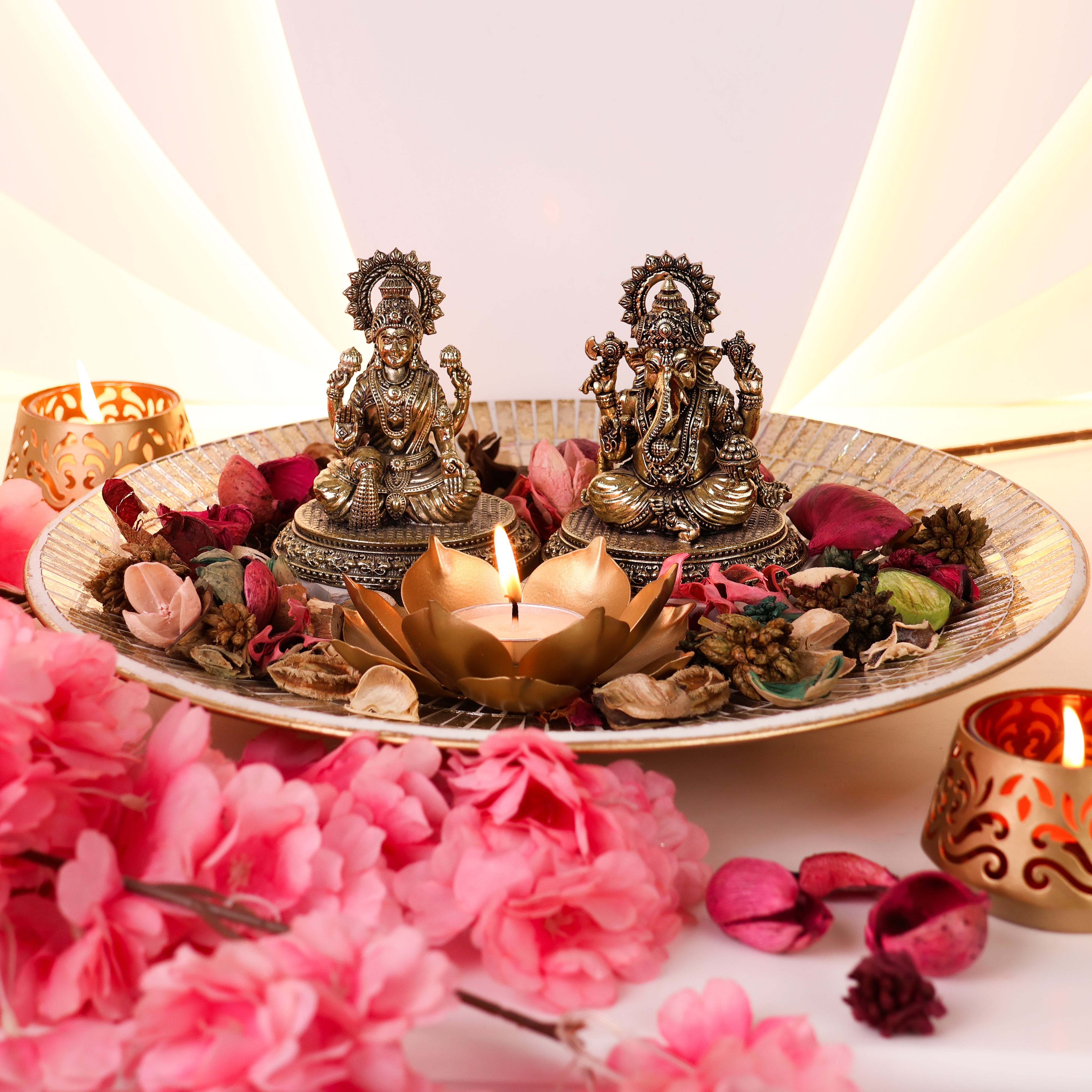 Metal Diyas with Brass Lakshmi Ganesha Set