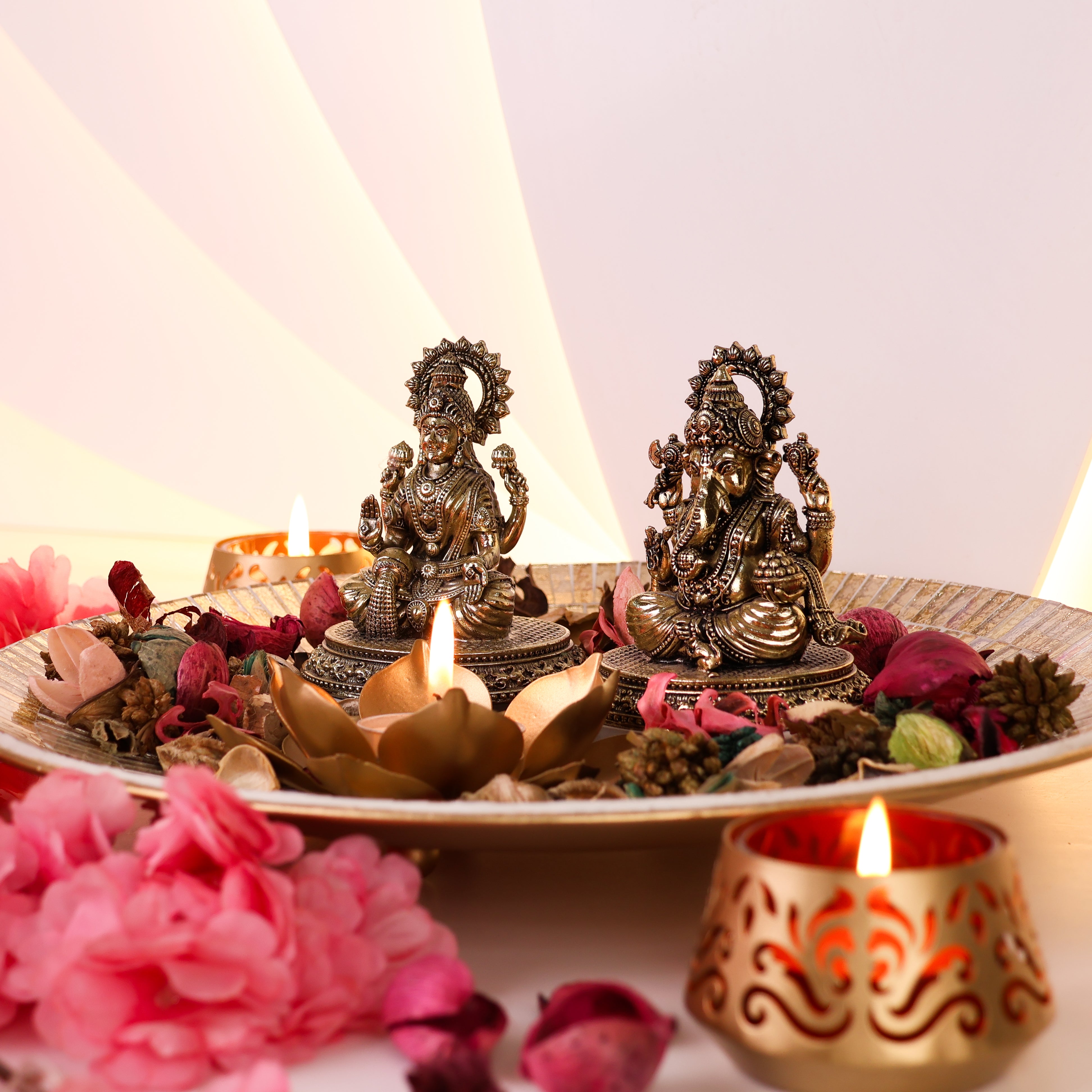 Metal Diyas with Brass Lakshmi Ganesha Set