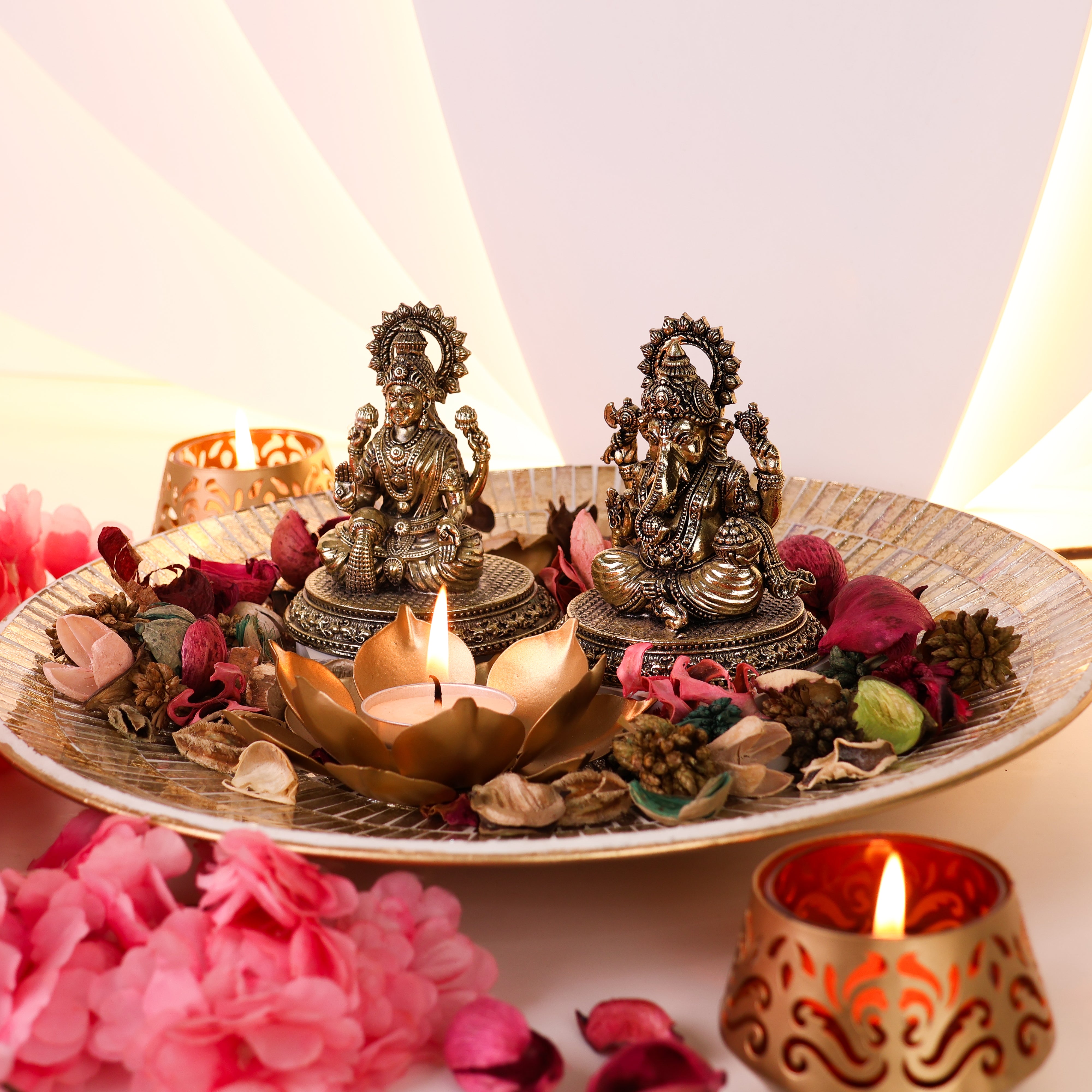 Metal Diyas with Brass Lakshmi Ganesha Set