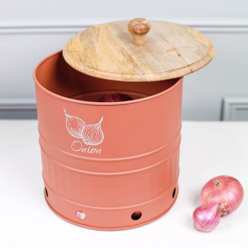 Metal Onion Storage Canister with Wooden Lid