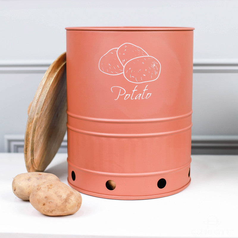 Metal Potato Storage Canister with Wooden Lid