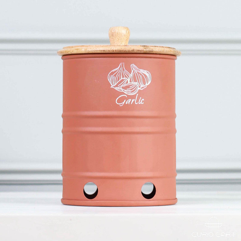 Metal Garlic Storage Canister with Wooden Lid